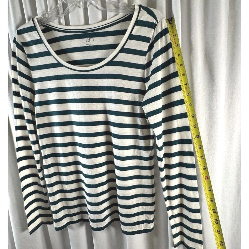 Ann Taylor LOFT Womens Green White Striped Scoop‎ Neck Long Sleeve Top Size M